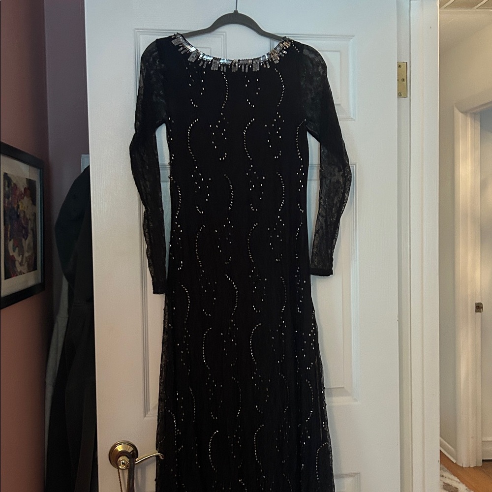 Free People Embellished Beaded Black Lace Long Sleeve Low Back Maxi Dress Size 4